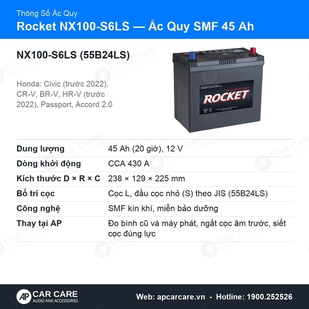 Ắc Quy Ô Tô Rocket NX100-S6LS (55B24LS) 45Ah
