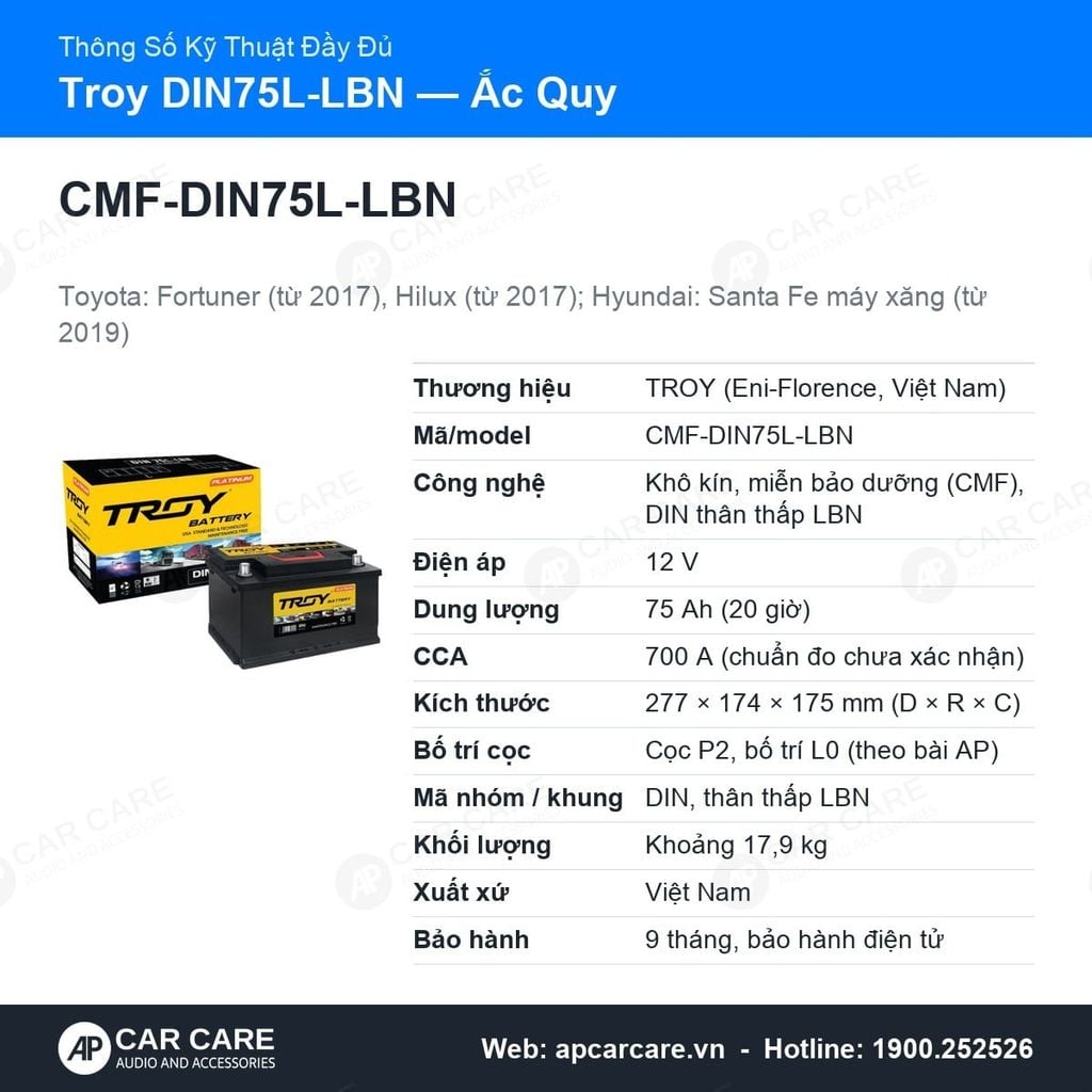 Ắc Quy Ô Tô Troy DIN75L-LBN 75Ah