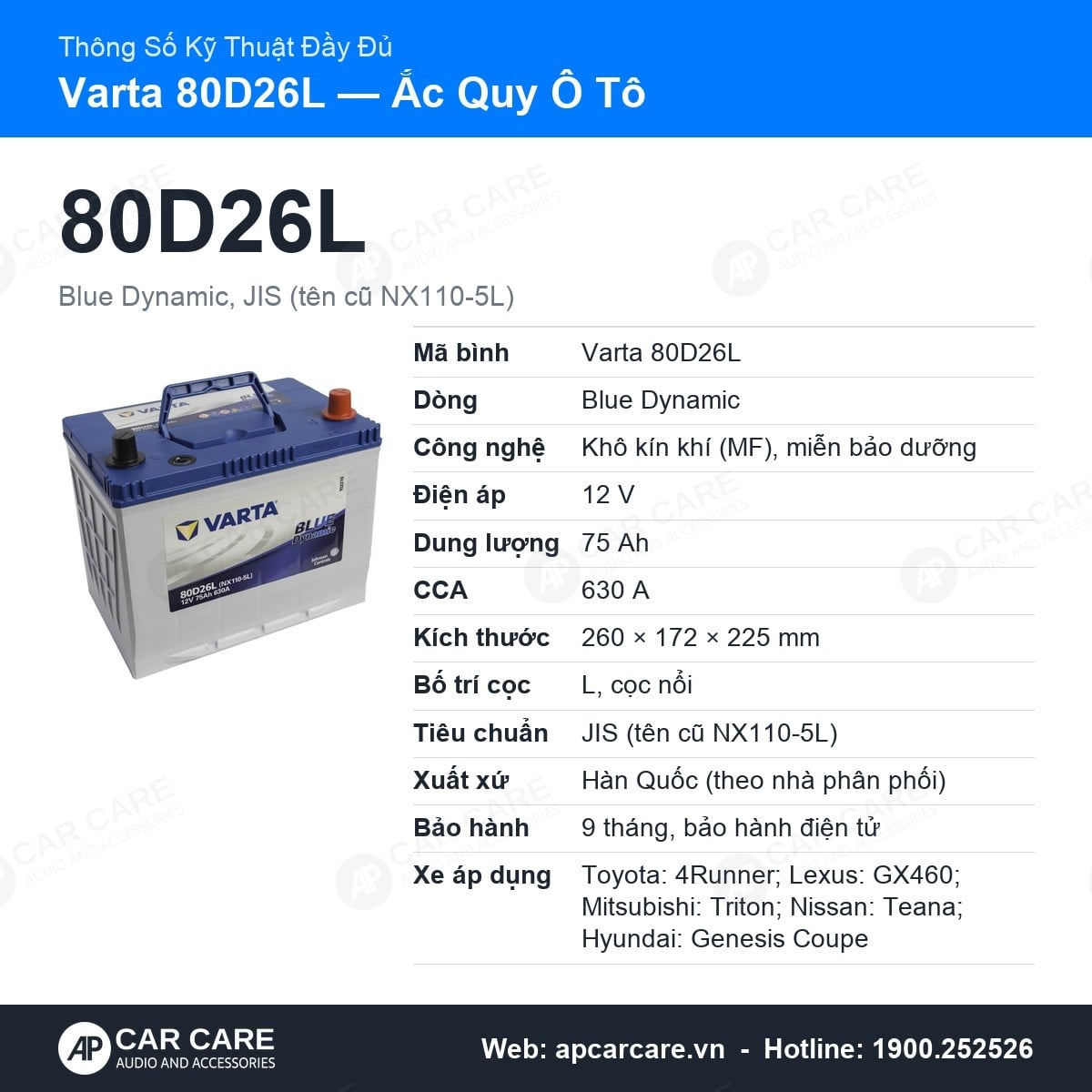 Thông số kỹ thuật đầy đủ Varta 80D26L: dòng Blue Dynamic, tiêu chuẩn, bảo hành, xe áp dụng