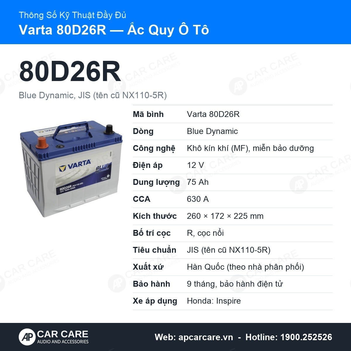 Thông số kỹ thuật đầy đủ Varta 80D26R: dòng Blue Dynamic, tiêu chuẩn, bảo hành, xe áp dụng