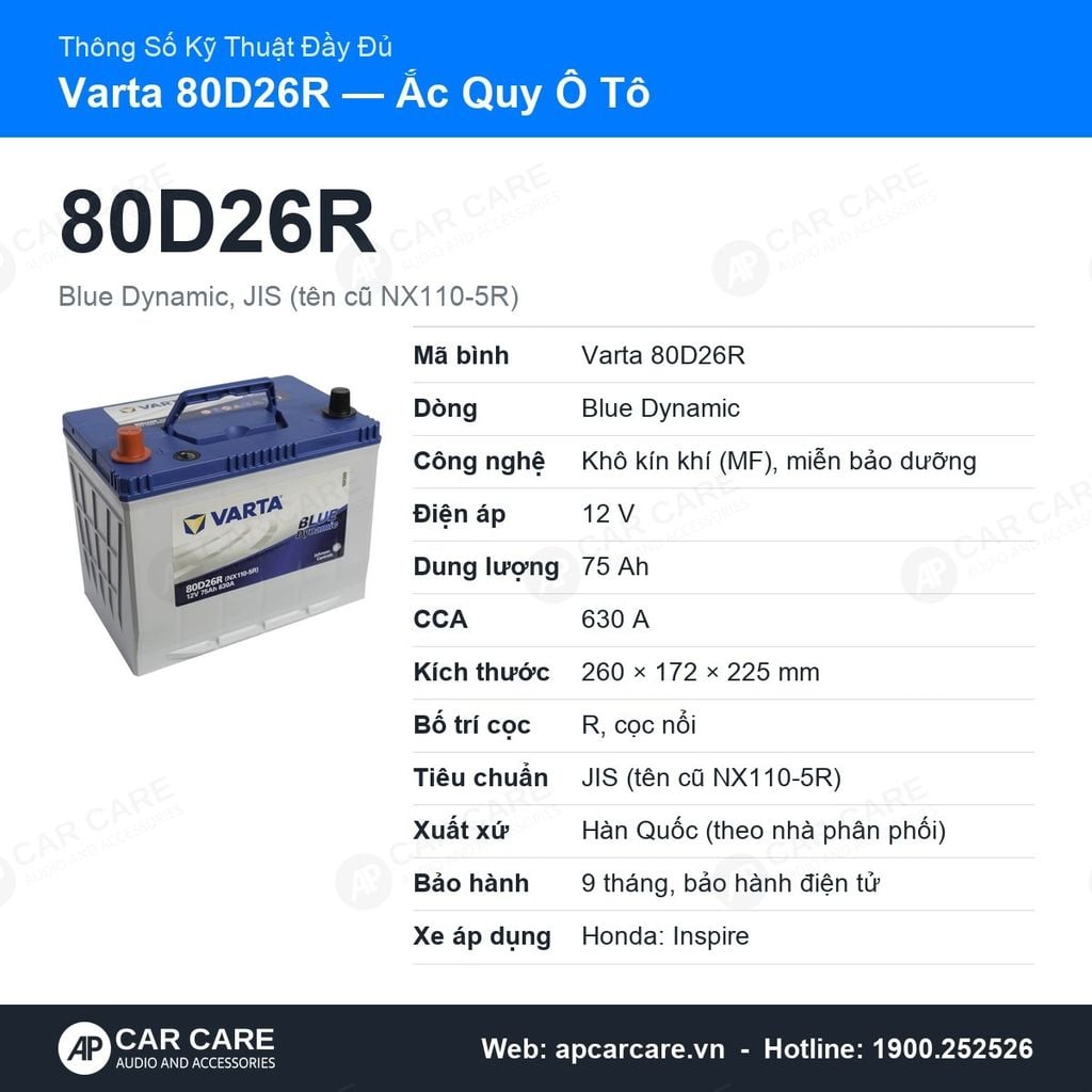 Ắc Quy Ô Tô Varta 80D26R 75Ah