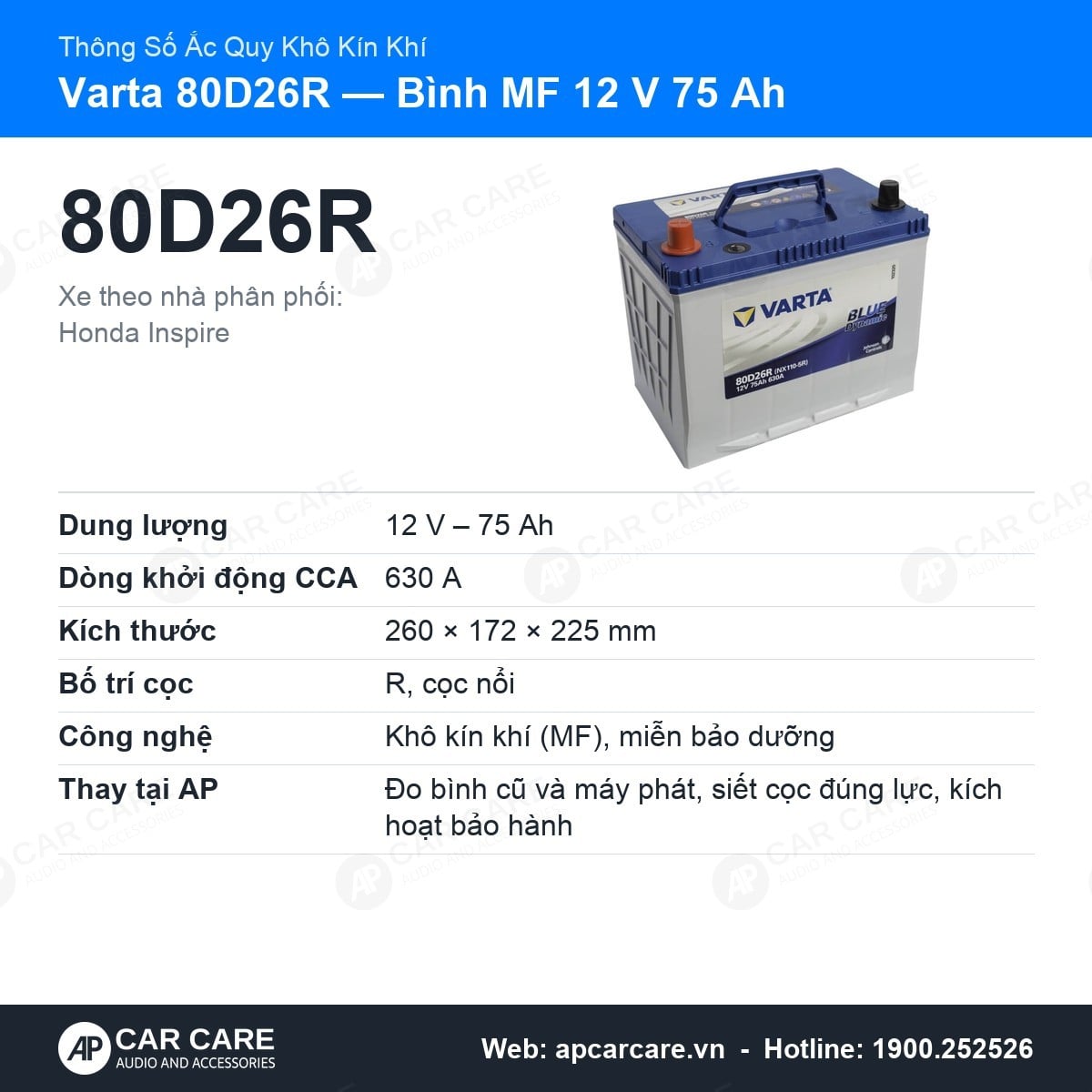 Thẻ thông số ắc quy Varta 80D26R: 75 Ah, CCA 630 A, kích thước và cọc