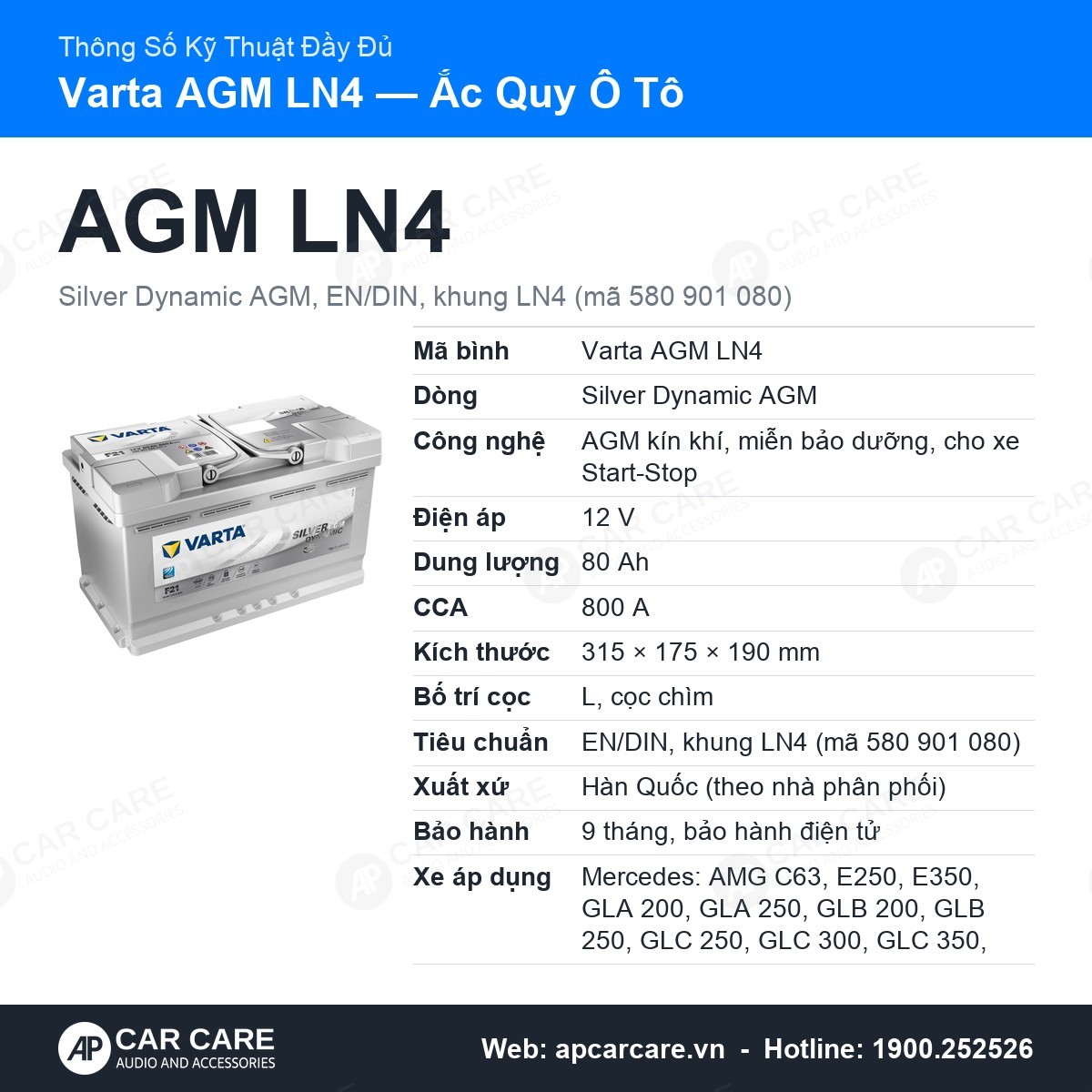 Thông số kỹ thuật đầy đủ Varta AGM LN4: dòng Silver Dynamic AGM, tiêu chuẩn, bảo hành, xe áp dụng