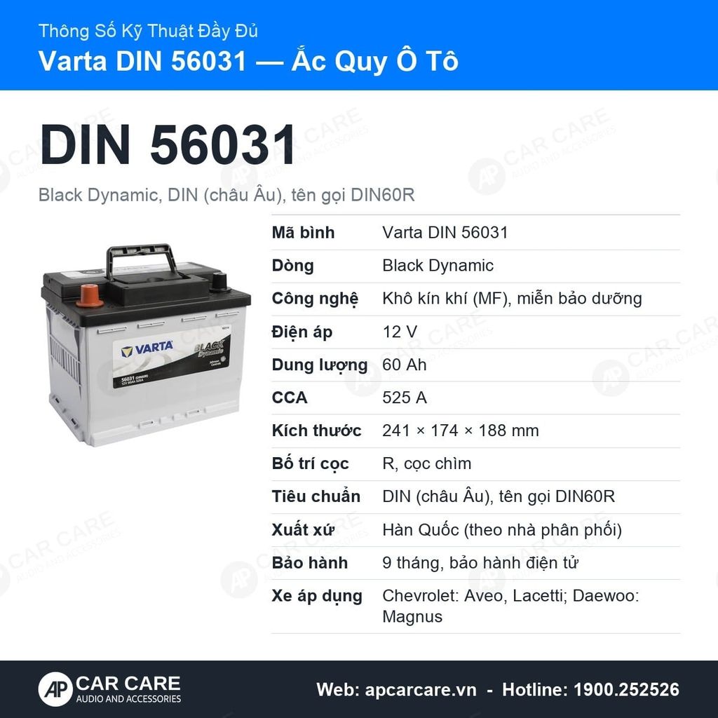 Ắc Quy Ô Tô Varta DIN 56031 60Ah