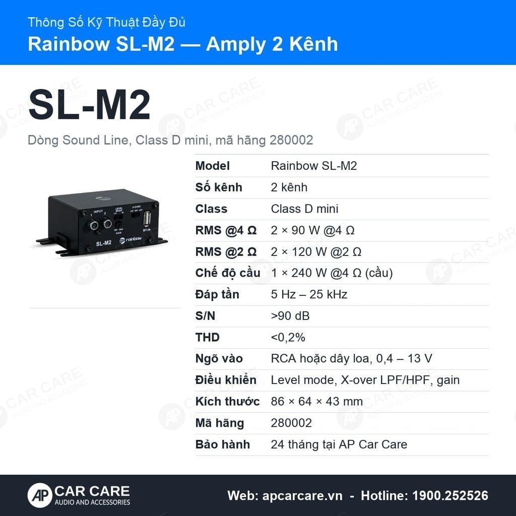 Amply Ô Tô 2 Kênh Rainbow SL-M2 Mini 2x90W RMS 4 Ohm