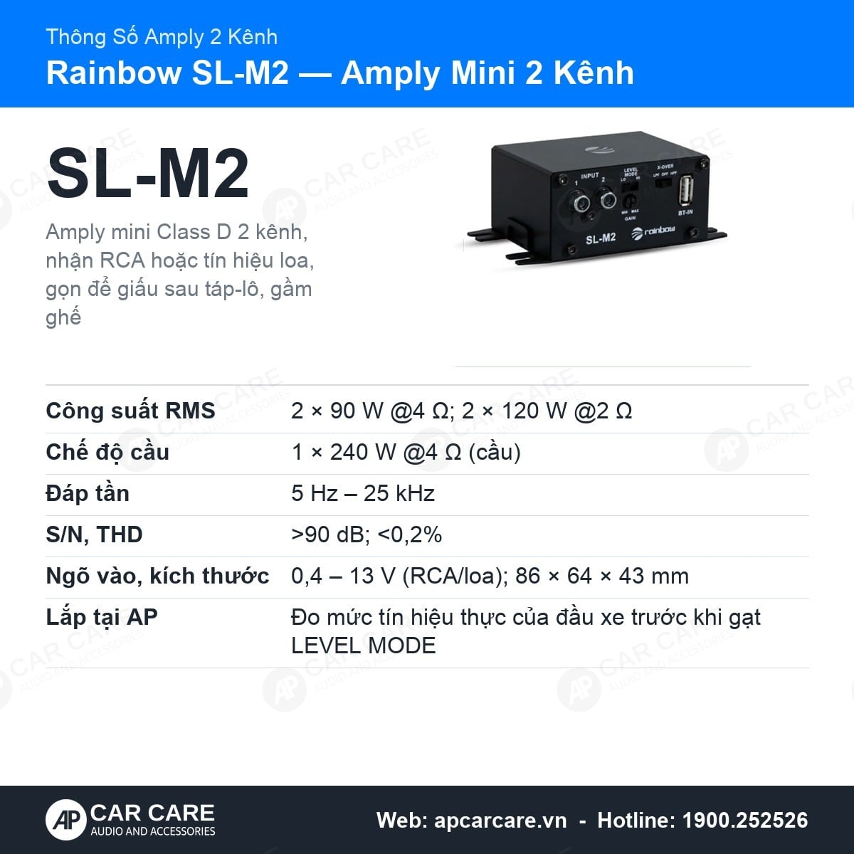 Amply Ô Tô 2 Kênh Rainbow SL-M2 Mini 2x90W RMS 4 Ohm