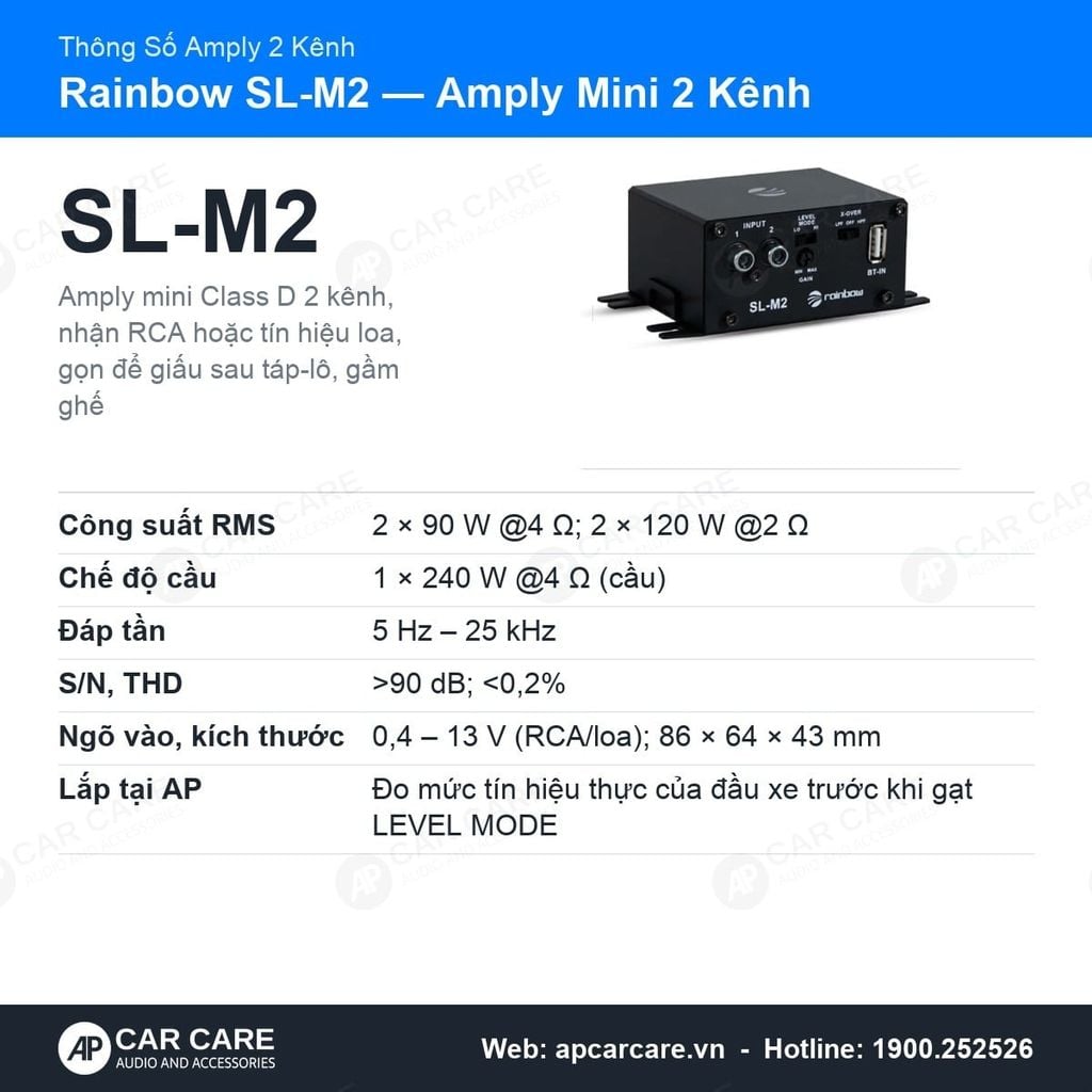Amply Ô Tô 2 Kênh Rainbow SL-M2 Mini 2x90W RMS 4 Ohm