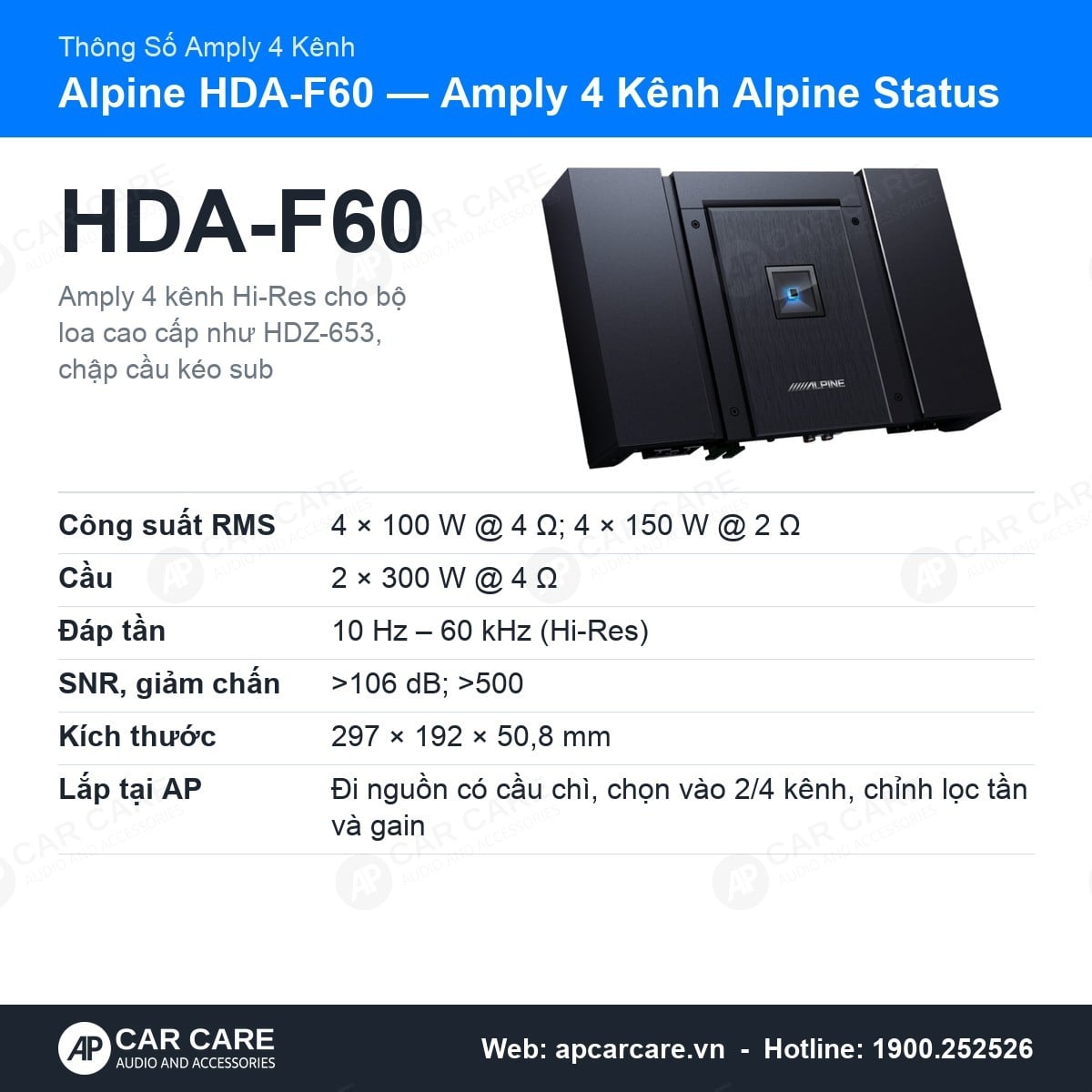 Amply Ô Tô 4 Kênh Alpine Status HDA-F60 Hi-Res 100W x 4