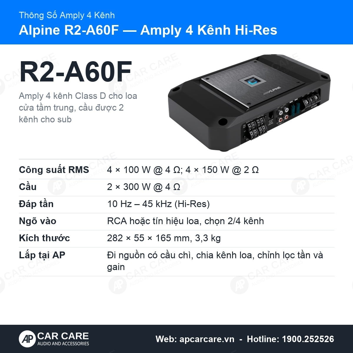 Amply Ô Tô 4 Kênh Alpine R2-A60F Hi-Res 100W x 4 RMS