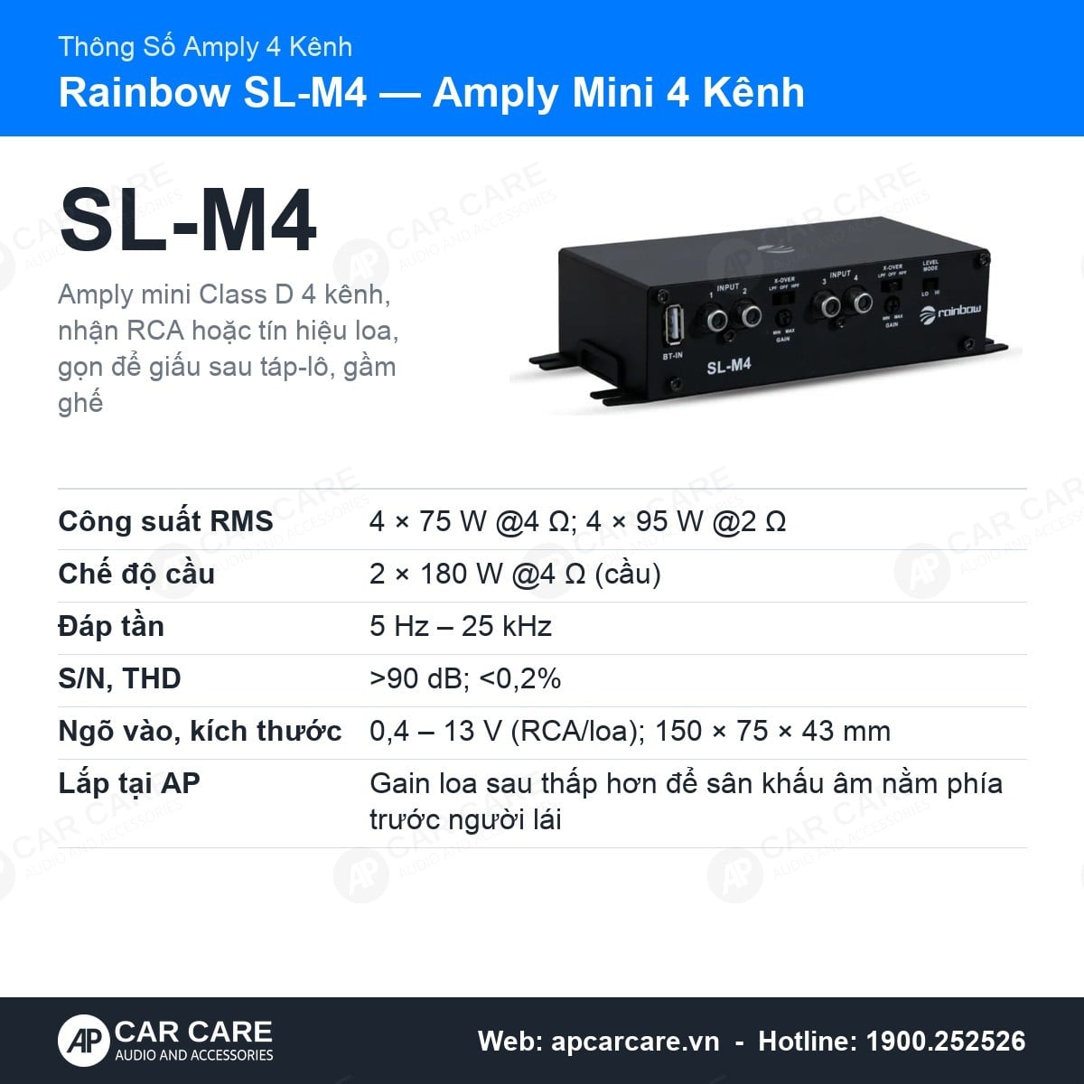 Amply Ô Tô 4 Kênh Rainbow SL-M4 Mini 4x75W RMS 4 Ohm