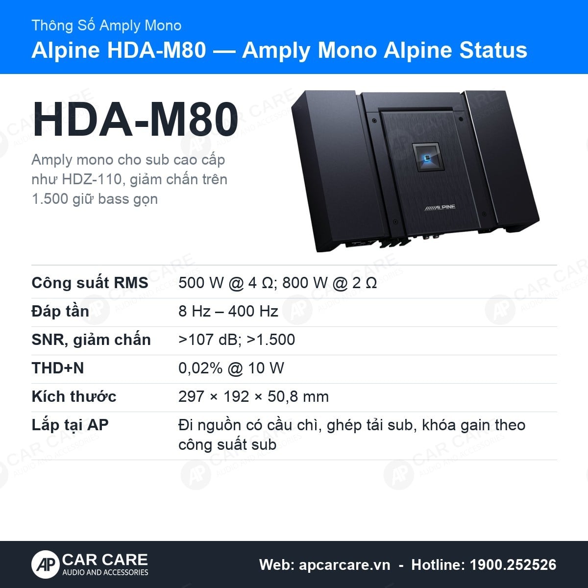 Amply Mono Ô Tô Alpine Status HDA-M80 500W RMS 4Ω