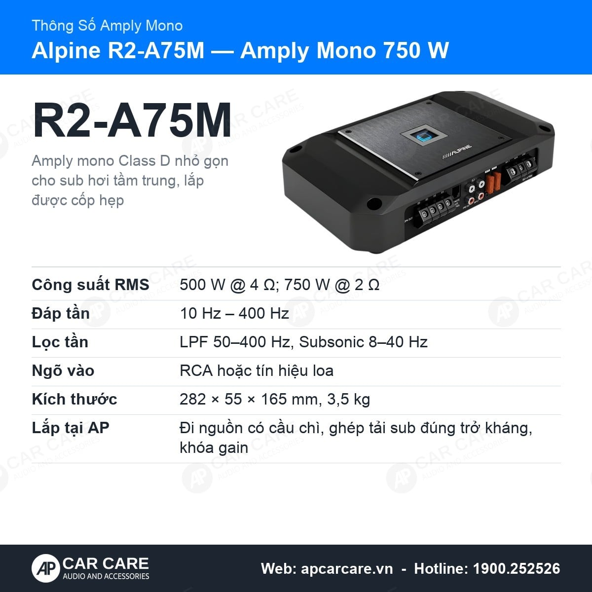 Amply Mono Ô Tô Alpine R2-A75M 500W RMS 4Ω Class D