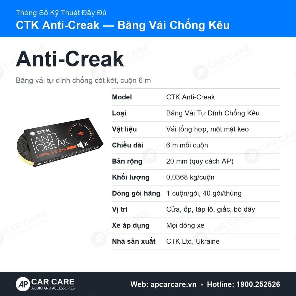 Băng Chống Kêu Cót Két Ô Tô CTK Anti-Creak Cuộn 6m