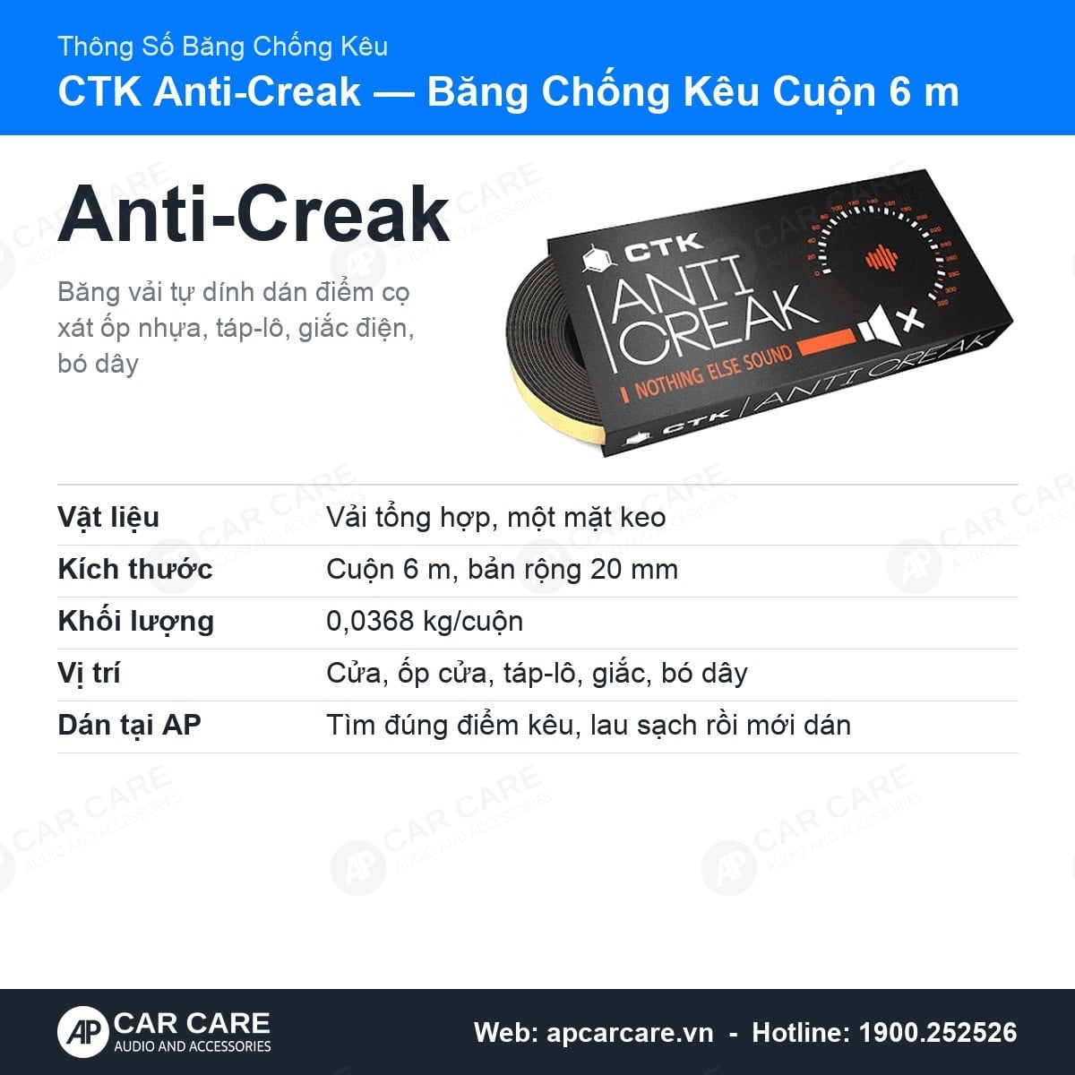 Thẻ thông số băng chống kêu CTK Anti-Creak: cuộn 6 m, bản rộng 20 mm, vải tổng hợp tự dính