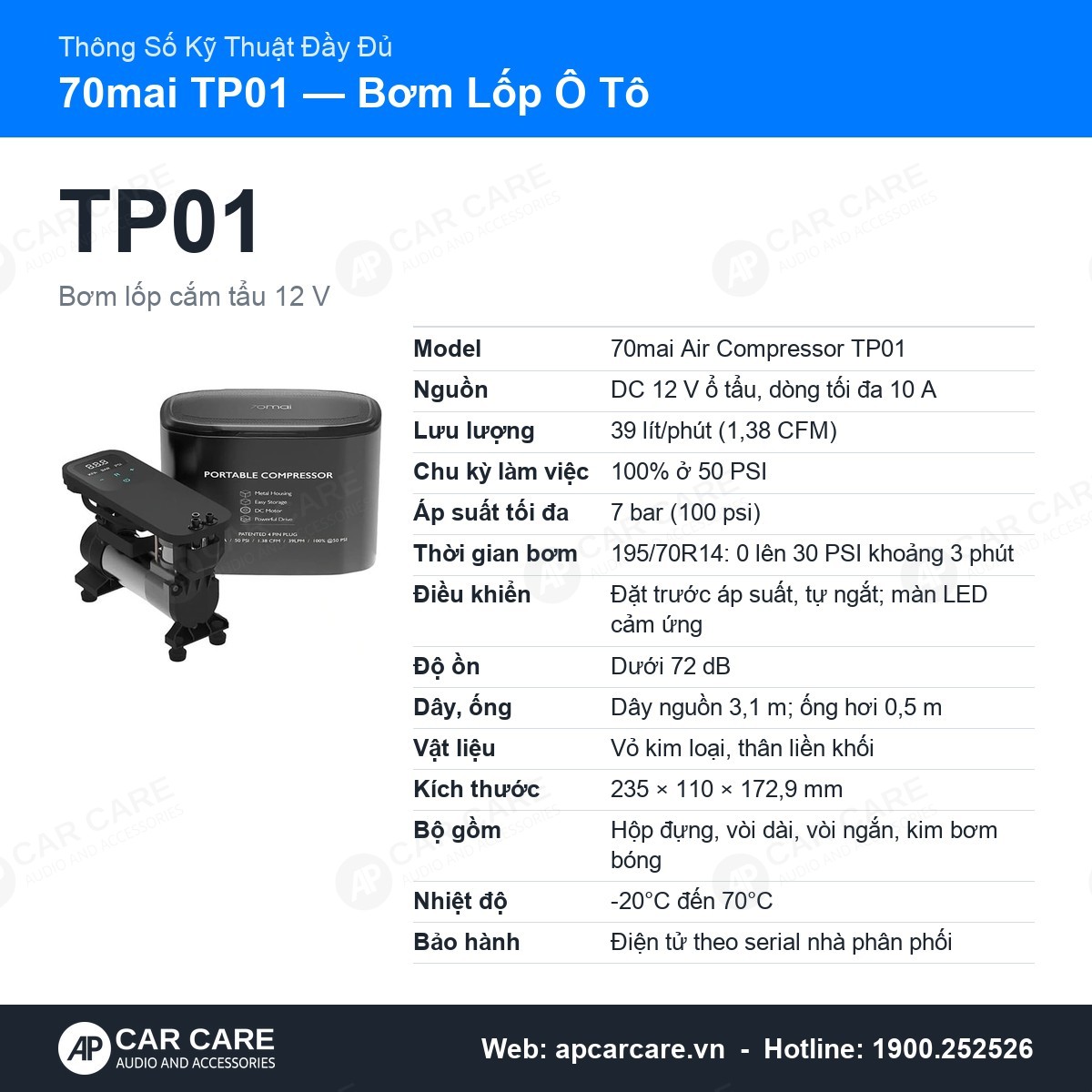Thông số đầy đủ bơm lốp ô tô 70mai TP01: chu kỳ làm việc, độ ồn, dây ống, vỏ kim loại, kích thước, bảo hành