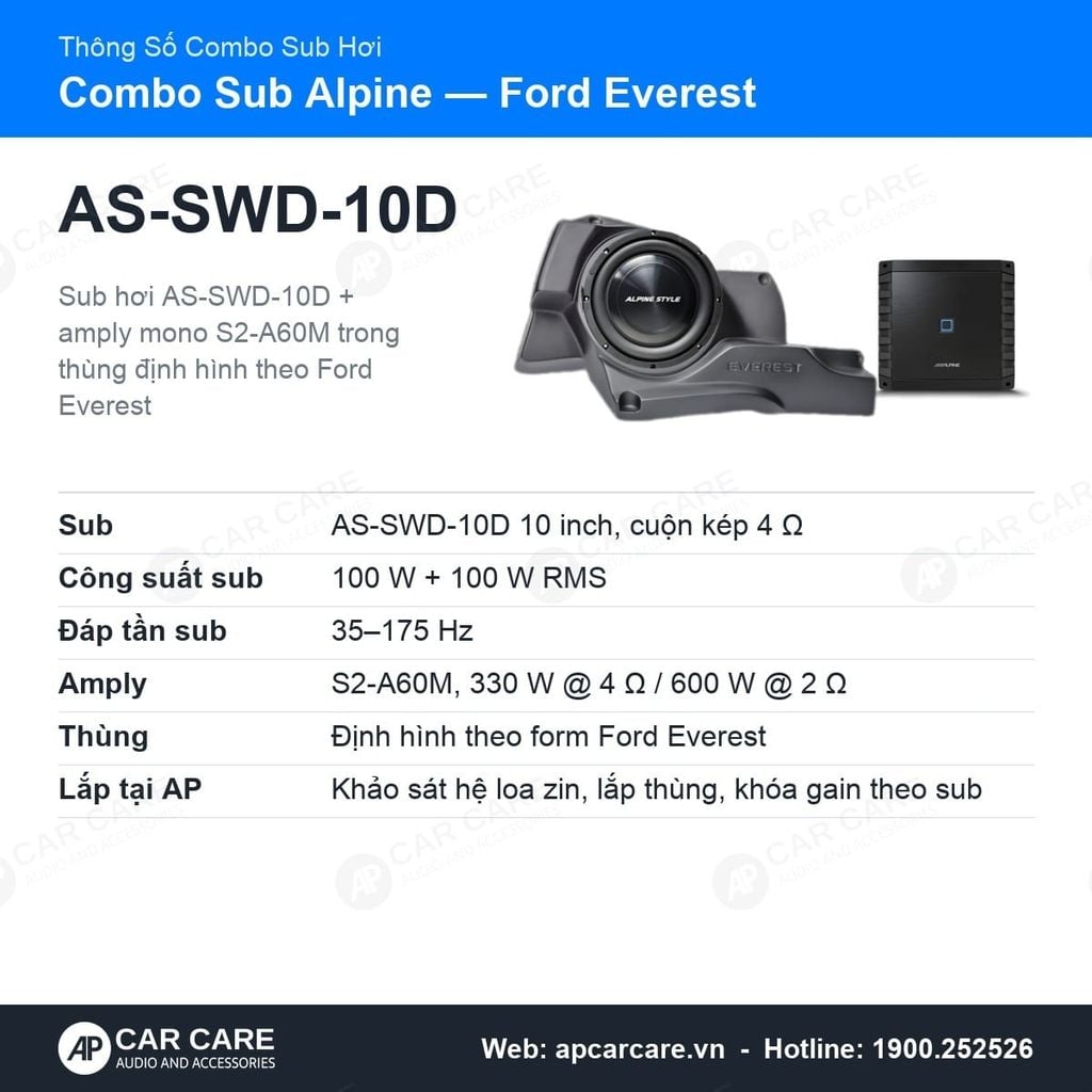 Combo Loa Sub Hơi Alpine Ford Everest AS-SWD-10D Và S2-A60M