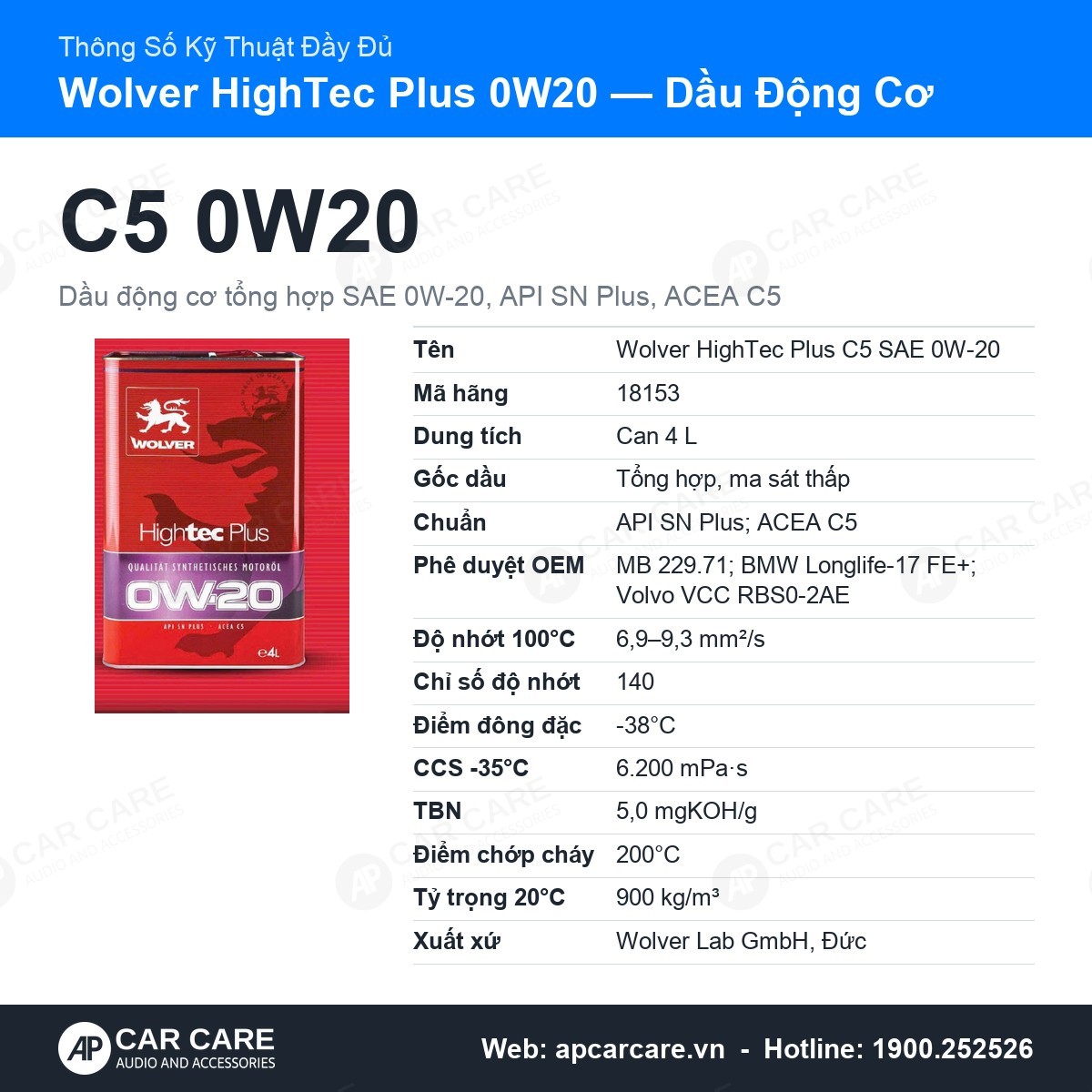 Thẻ thông số kỹ thuật đầy đủ dầu nhớt Wolver HighTec Plus C5 0W20 theo TDS hãng