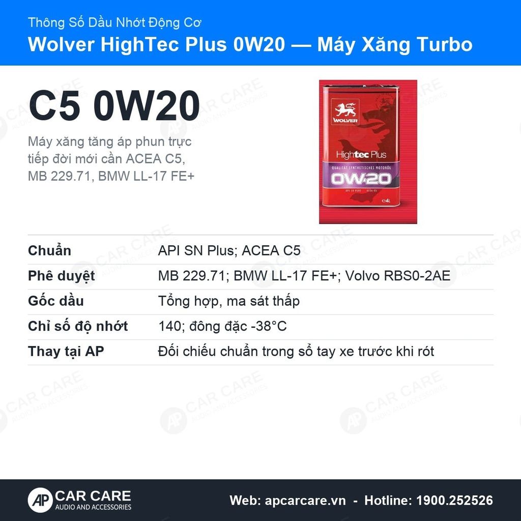 Dầu nhớt động cơ ô tô Wolver hightec Plus 0W20 C5