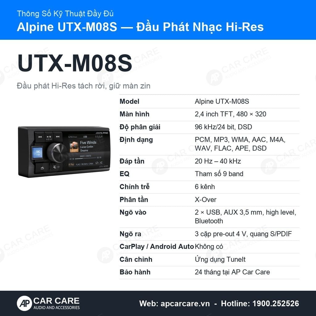 Đầu Phát Nhạc Ô Tô Alpine UTX-M08S Hi-Res 96kHz DSD