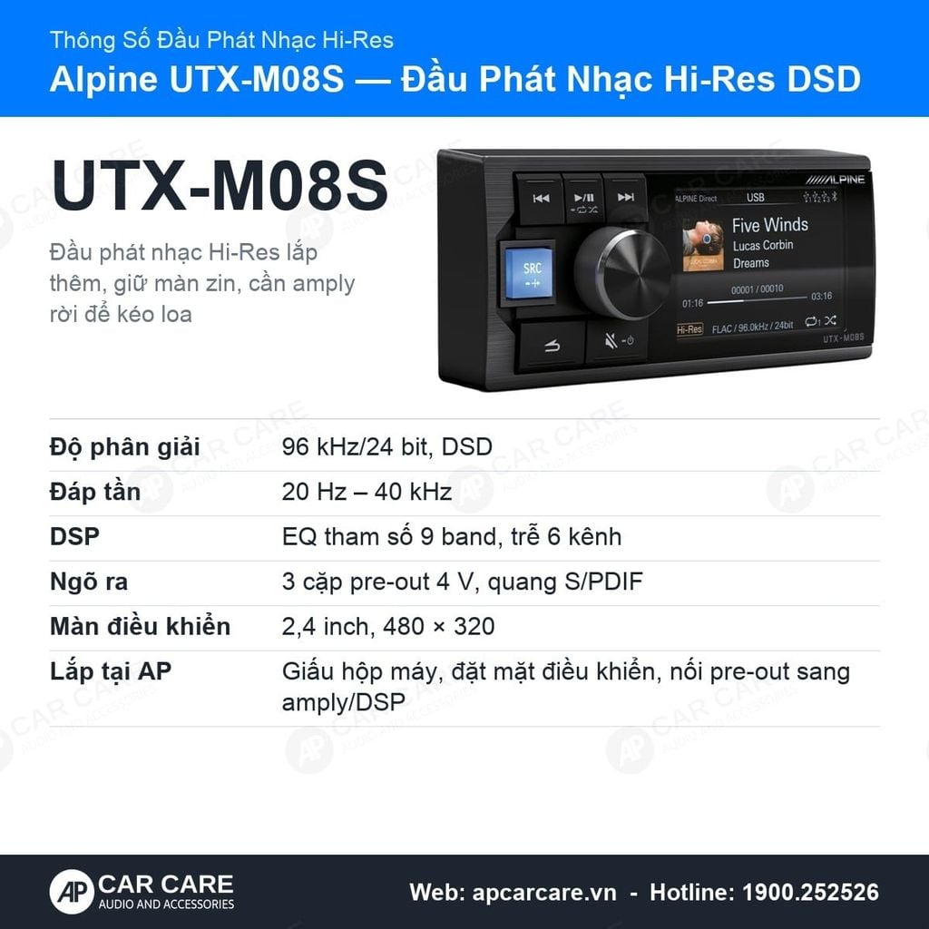 Đầu Phát Nhạc Ô Tô Alpine UTX-M08S Hi-Res 96kHz DSD