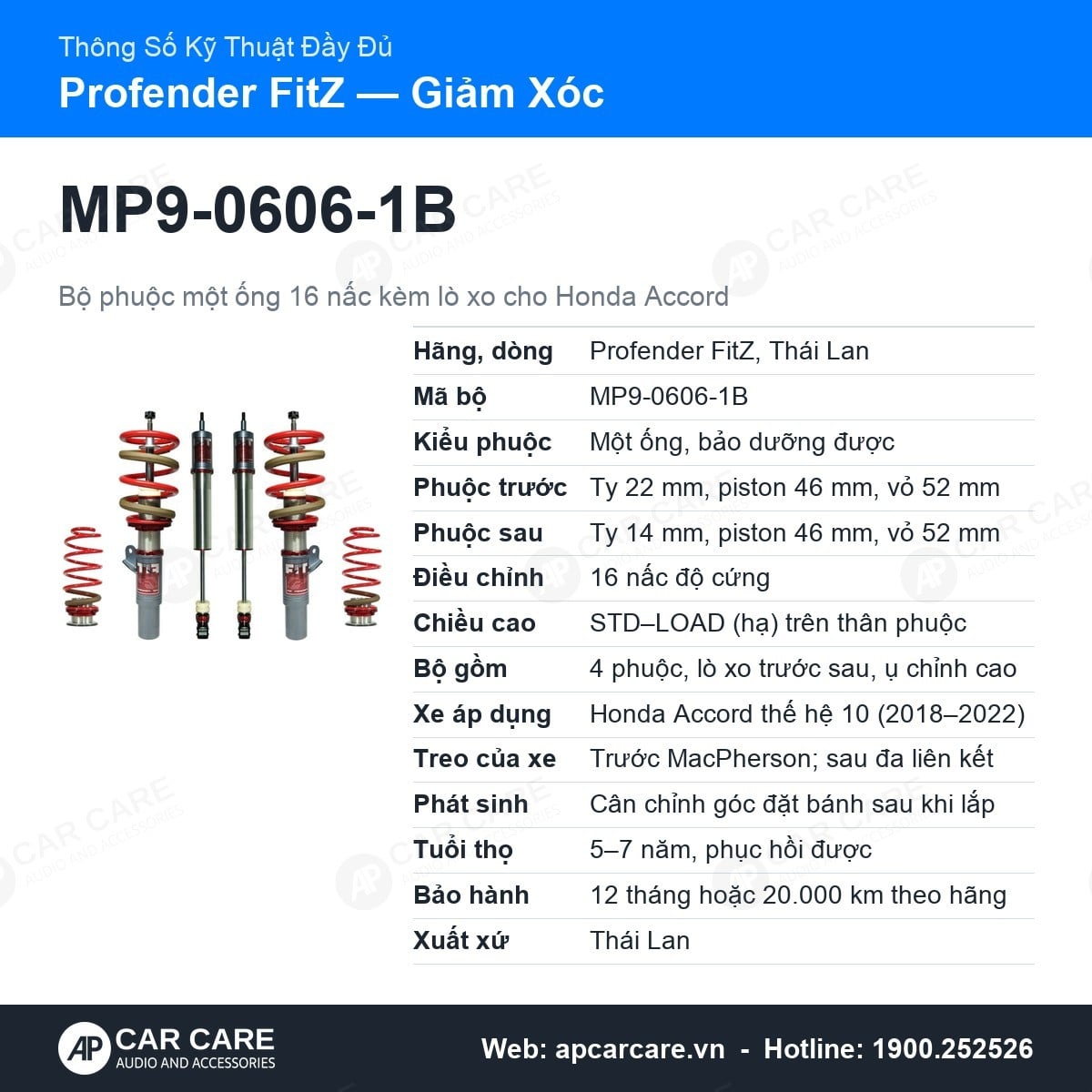 Thông số kỹ thuật đầy đủ giảm xóc Profender FitZ Honda Accord 2018-2022: mã, kiểu phuộc, bảo hành