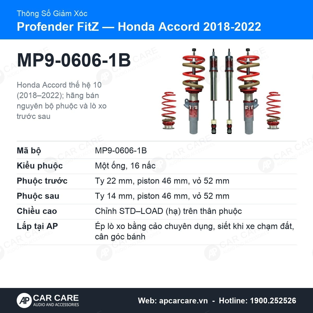Thẻ thông số giảm xóc Profender FitZ cho Honda Accord 2018-2022: mã phuộc, kích thước, số nấc