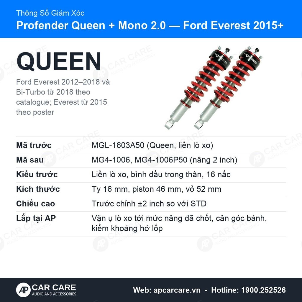 Giảm Xóc Ô Tô Ford Everest 2015+ Profender Queen + Monotube 2.0