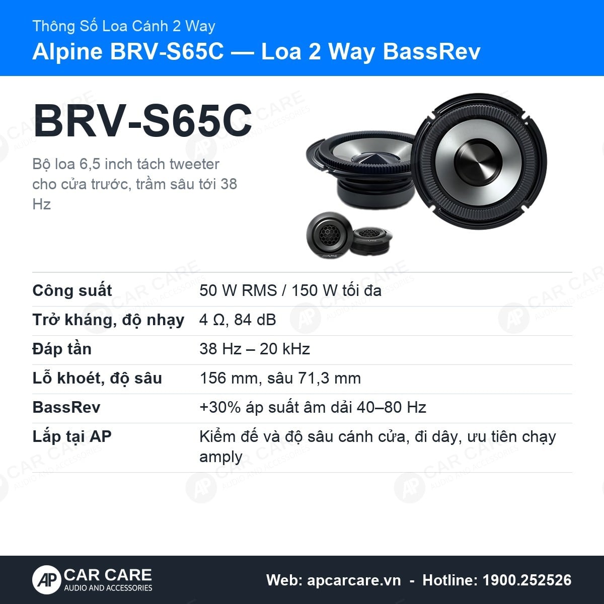 Loa Cánh Ô Tô Alpine BRV-S65C 2 Way Tách Tweeter 6.5 Inch