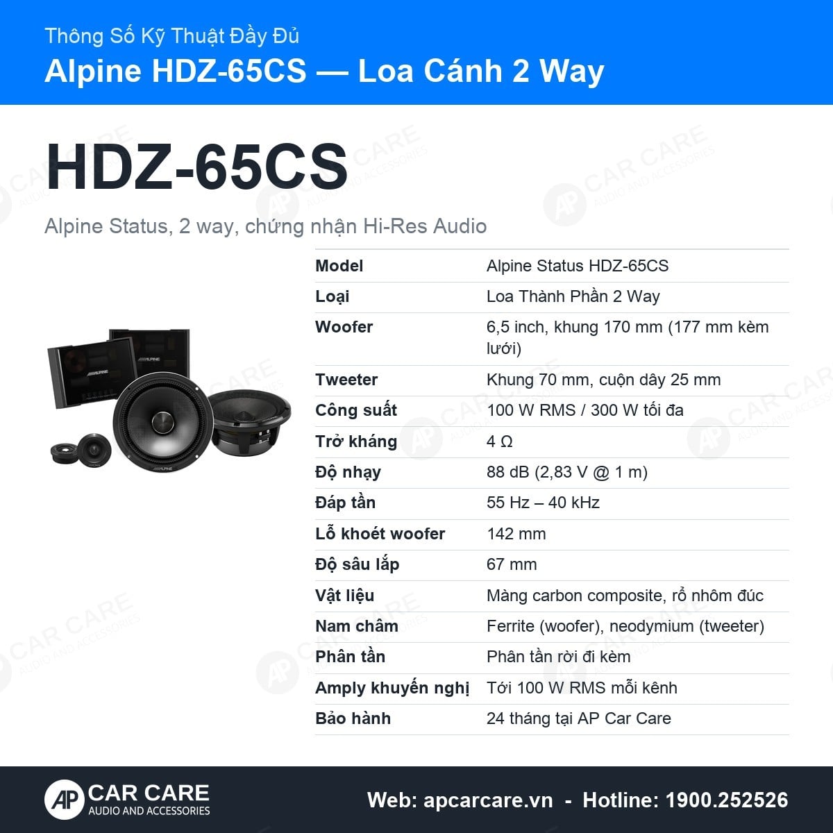 Thông số kỹ thuật đầy đủ Alpine HDZ-65CS: kích thước củ loa, vật liệu, phân tần, bảo hành