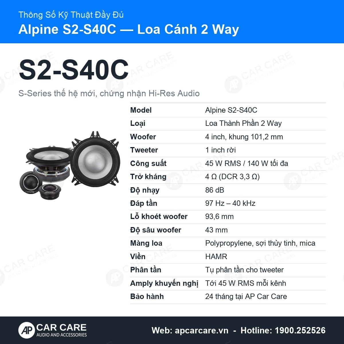 Thông số kỹ thuật đầy đủ Alpine S2-S40C: kích thước, vật liệu màng, phân tần, bảo hành