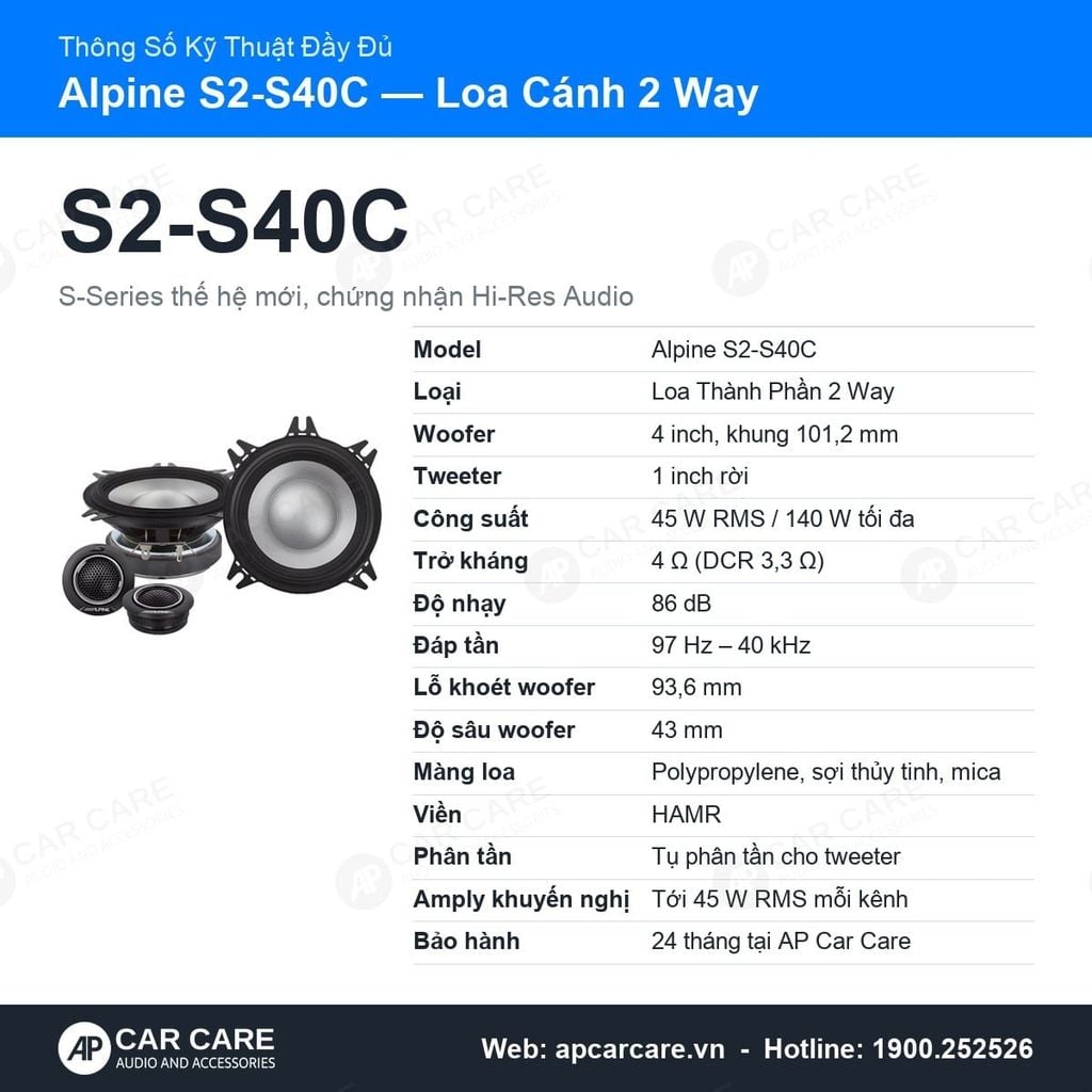 Loa Cánh Ô Tô Alpine S2-S40C 2 Way Tách Tweeter 4 Inch