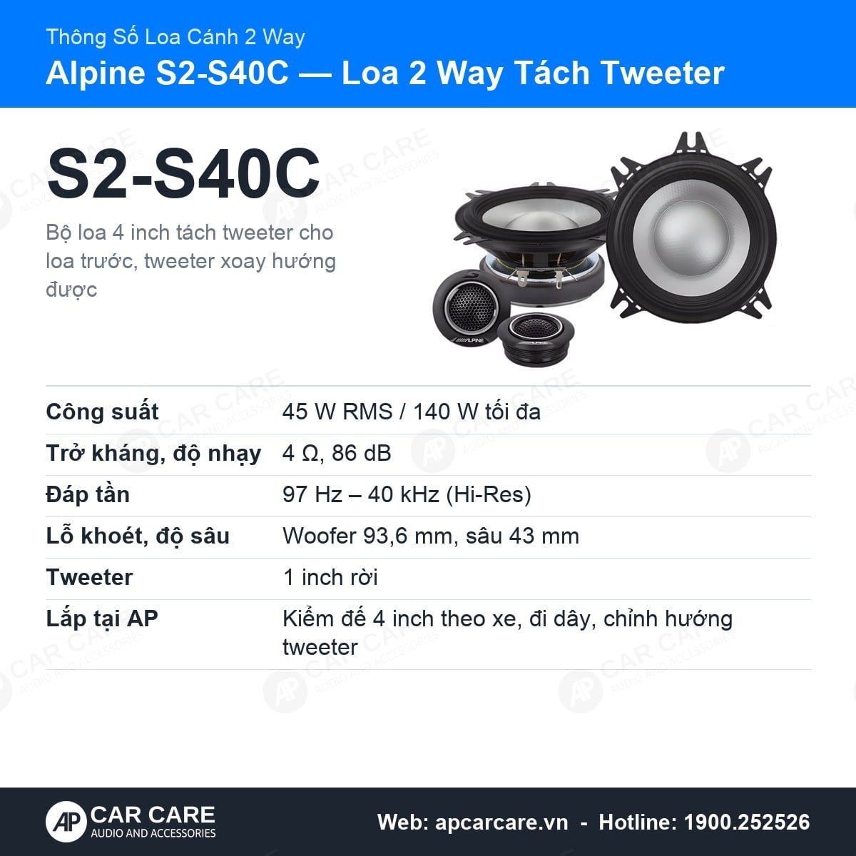 Thẻ thông số loa cánh 2 way Alpine S2-S40C: công suất, trở kháng, đáp tần, lỗ khoét 4 inch