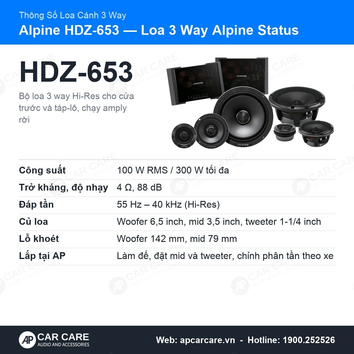 Loa Cánh Ô Tô Alpine Status HDZ-653 3 Way 6.5 Inch Hi-Res
