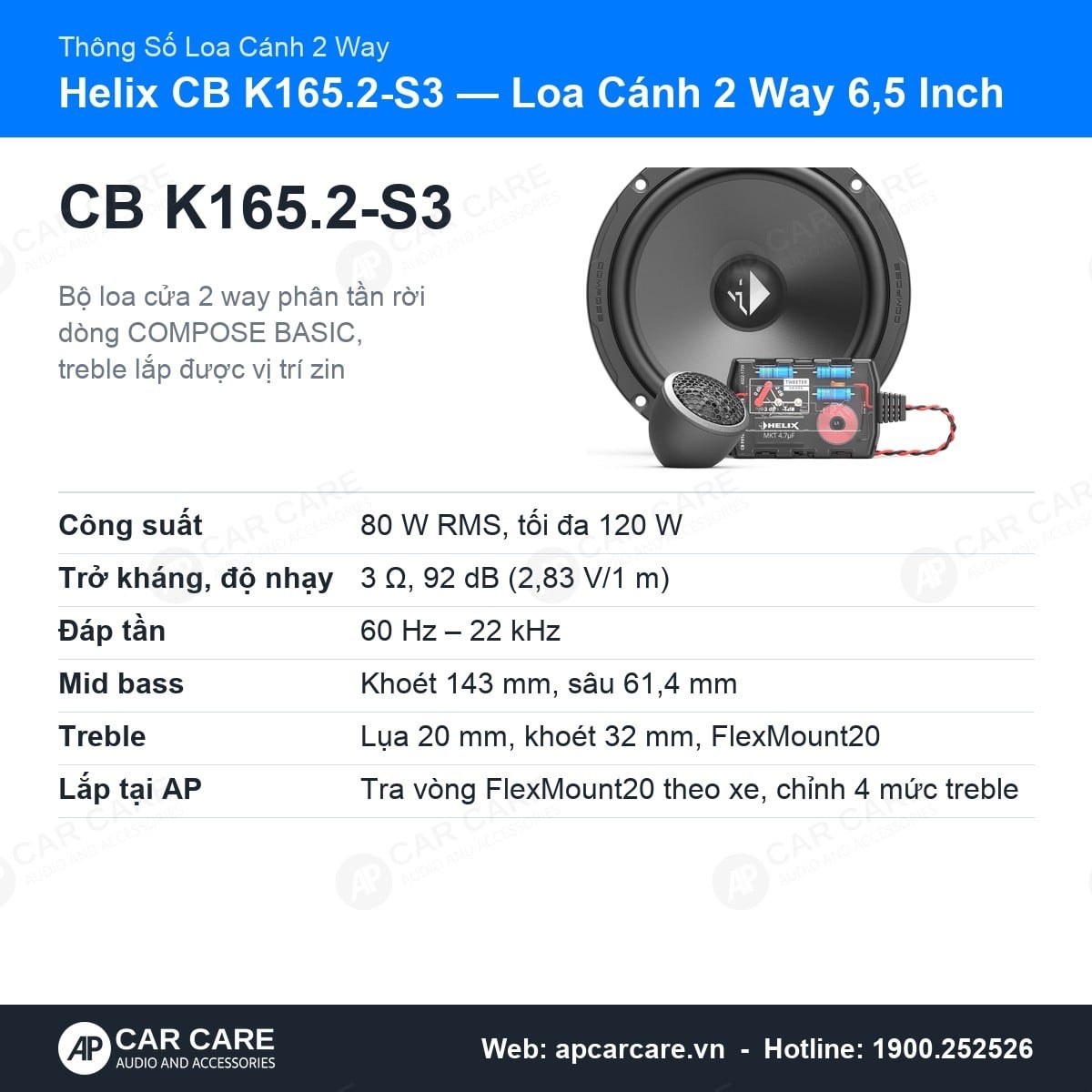 Loa Cánh Ô Tô 2 Way Helix CB K165.2-S3 6.5 Inch 80W 3 Ohm