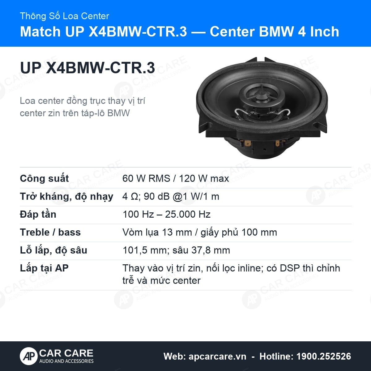 Thẻ thông số loa center BMW Match UP X4BMW-CTR.3: 60 W RMS, 4 Ohm, đáp tần, lỗ lắp 101,5 mm