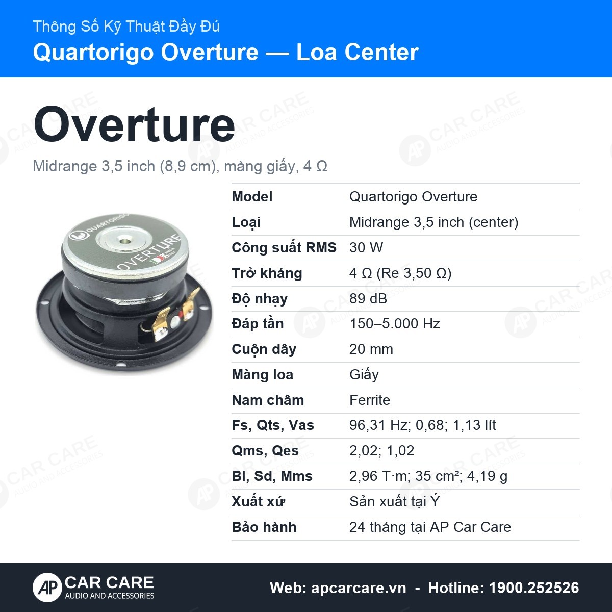 Thông số kỹ thuật đầy đủ Quartorigo Overture midrange: màng, nam châm, cuộn dây, thông số T/S