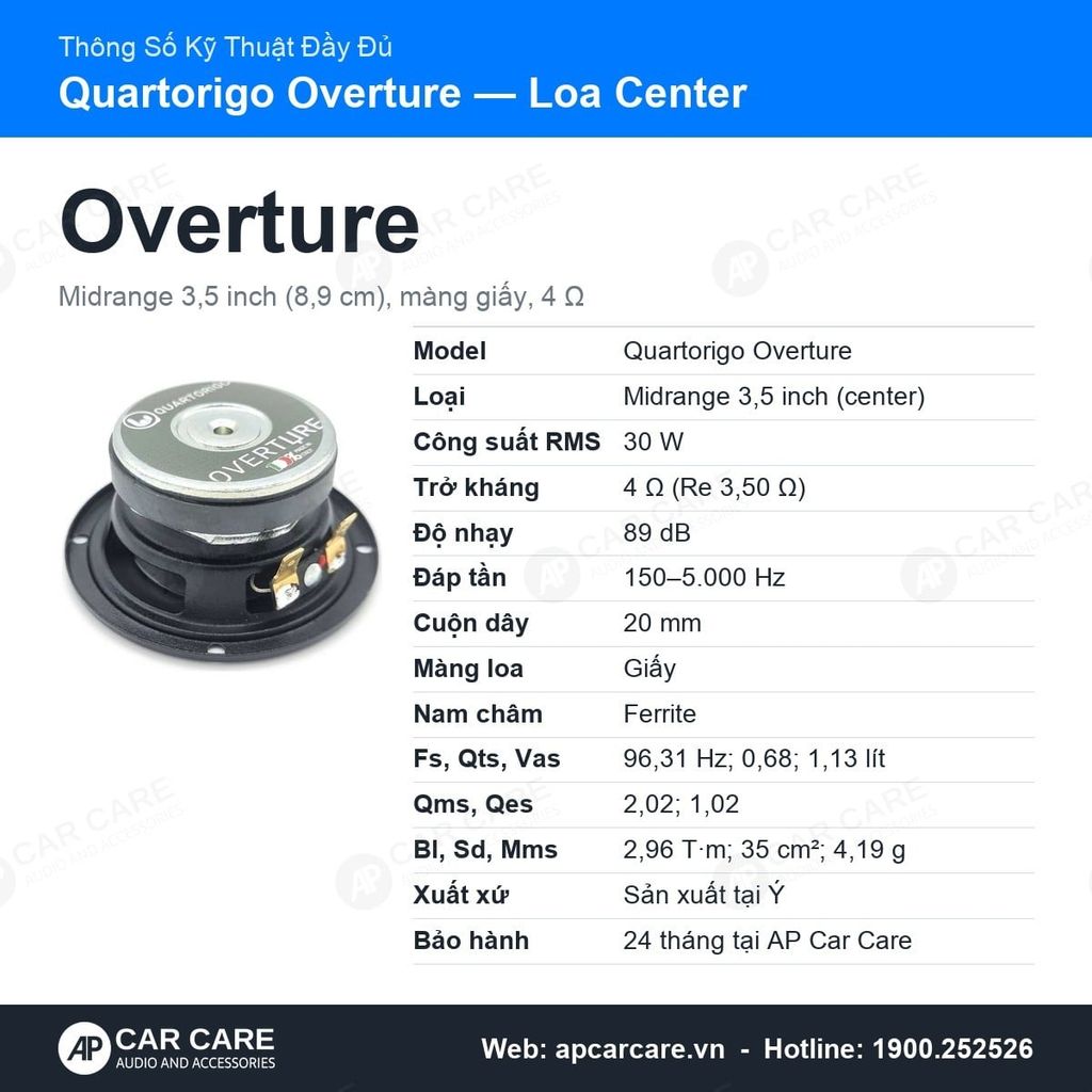 Loa Center Ô Tô Quartorigo Overture 3.5 Inch Màng Giấy 4 Ohm