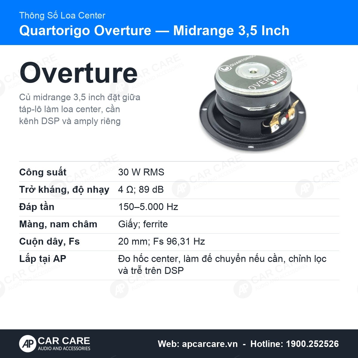 Thẻ thông số loa center Quartorigo Overture 3,5 inch: 30 W RMS, 89 dB, đáp tần 150–5.000 Hz