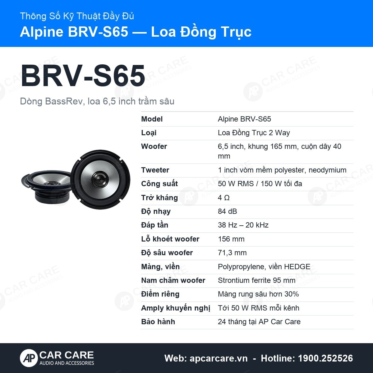 Thông số kỹ thuật đầy đủ Alpine BRV-S65: kích thước, nam châm, độ sâu lắp, bảo hành