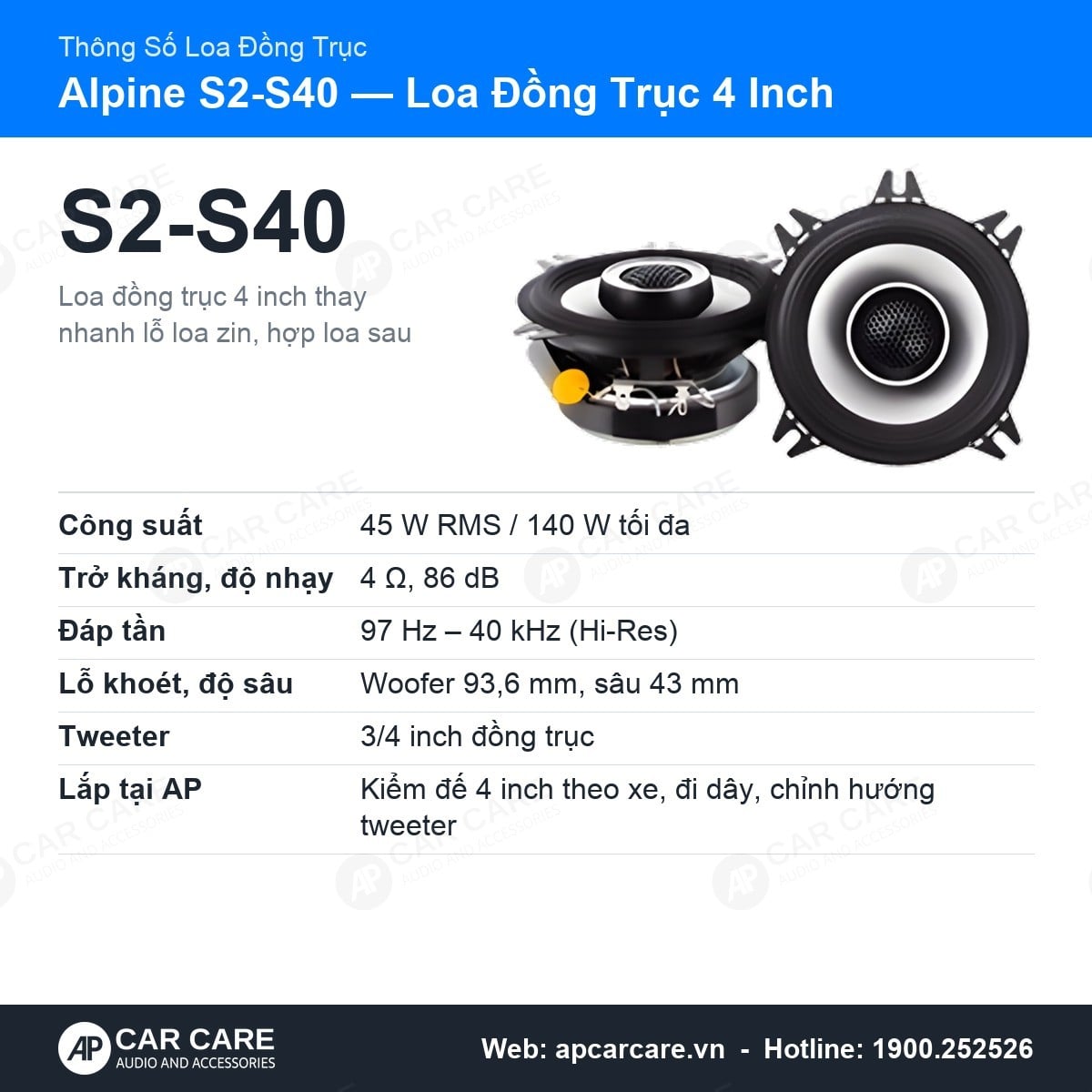 Loa Cánh Ô Tô Alpine S2-S40 Đồng Trục 2 Way 4 Inch 45W