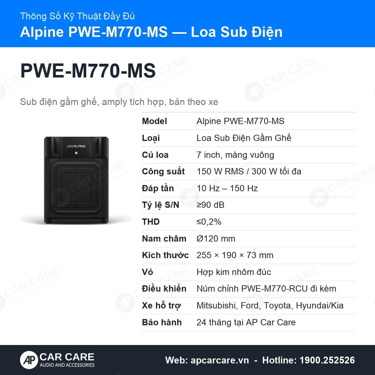 Thông số kỹ thuật đầy đủ Alpine PWE-M770-MS: S/N, THD, nam châm, bộ điều khiển, bảo hành