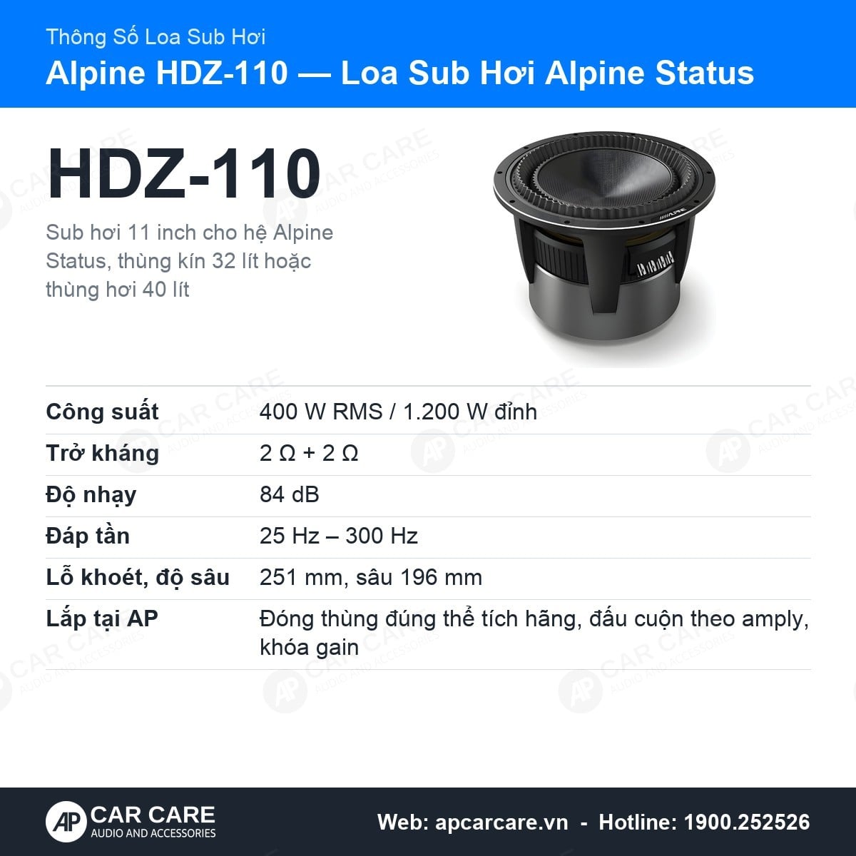 Loa Sub Hơi Ô Tô Alpine Status HDZ-110 11 Inch 400W RMS