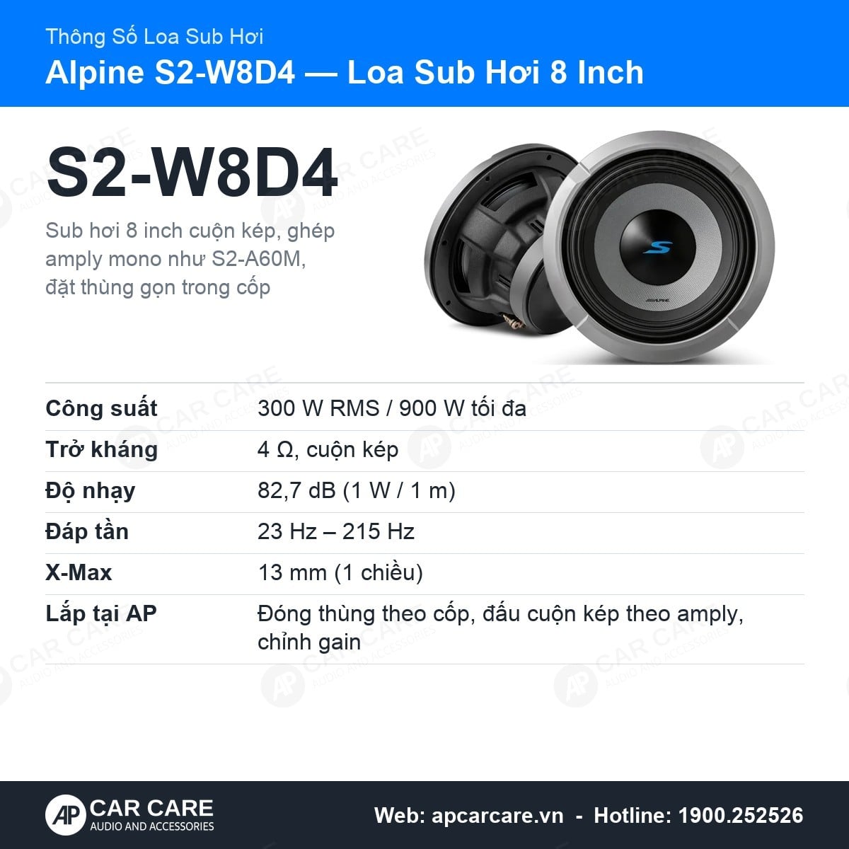 Loa Sub Hơi Ô Tô Alpine S2-W8D4 8 Inch