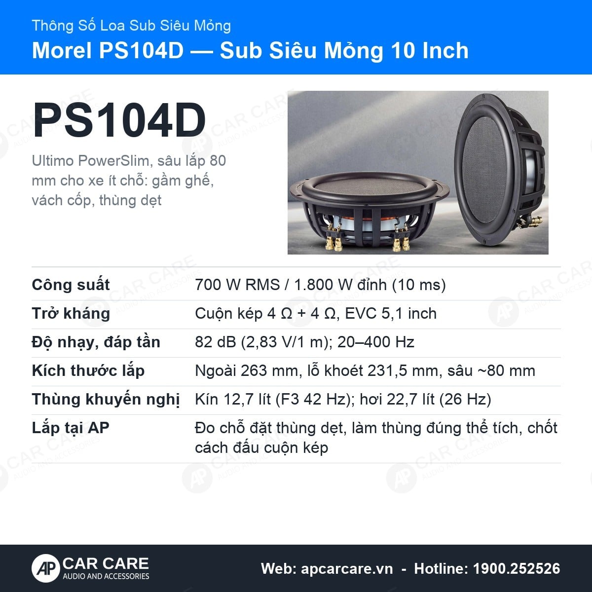 Loa SUB Hơi Ô Tô Morel Ultimo PowerSlim PS104D 10 Inch Siêu Mỏng
