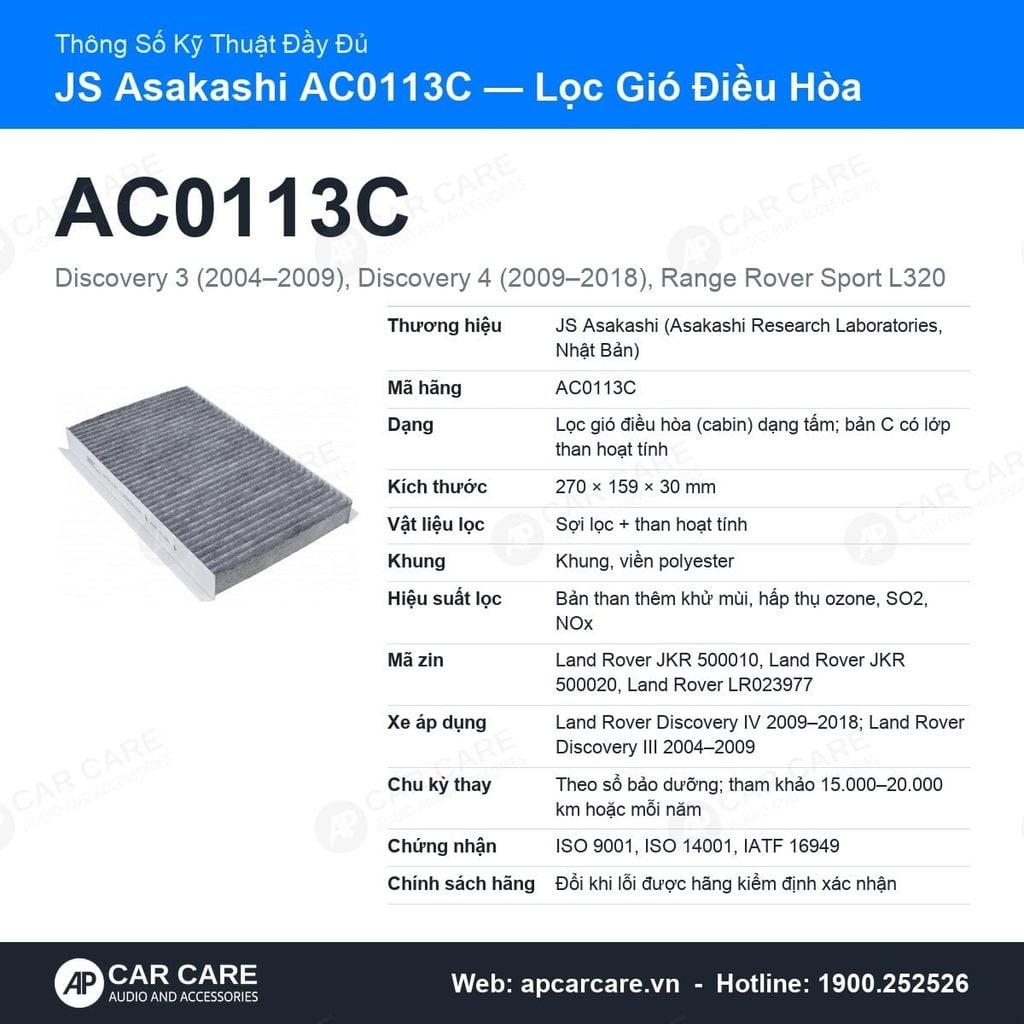 Lọc Gió Điều Hòa Land Rover Discovery 3, 4 JS Asakashi AC0113C