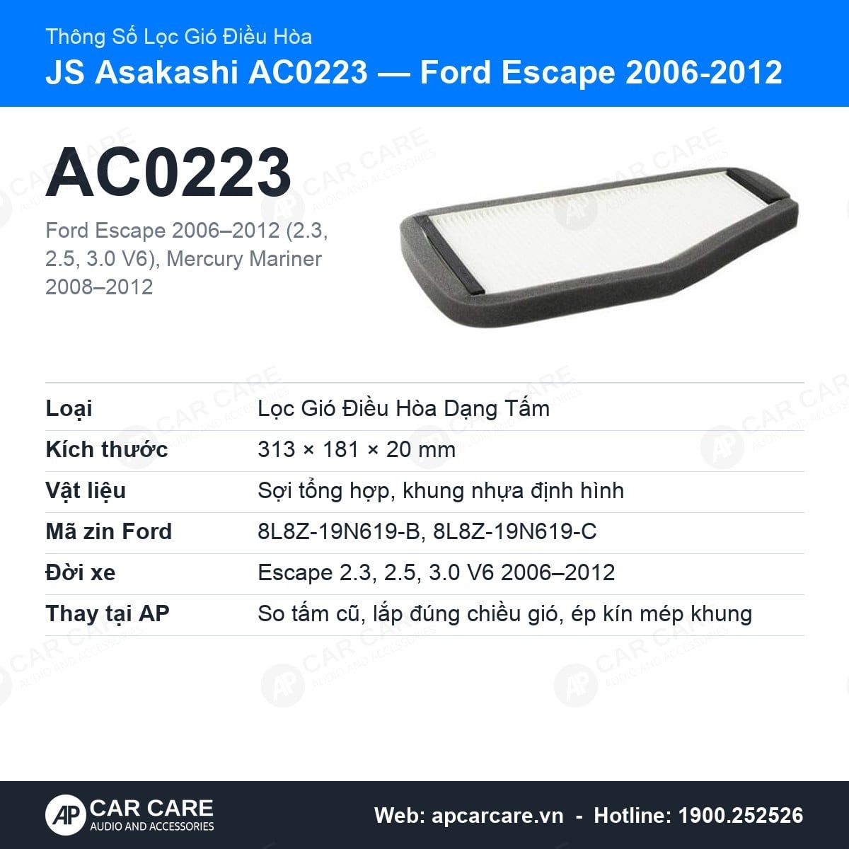 Lọc Gió Điều Hòa Ford Escape 2006-2012 JS Asakashi AC0223