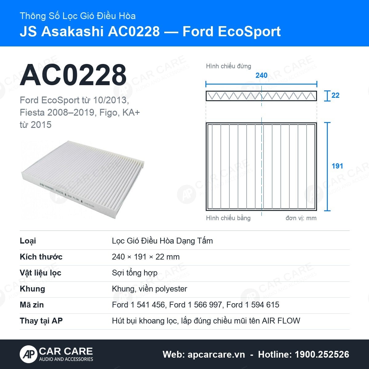 Lọc Gió Điều Hòa Ford EcoSport, Fiesta 2008-2019 JS Asakashi AC0228