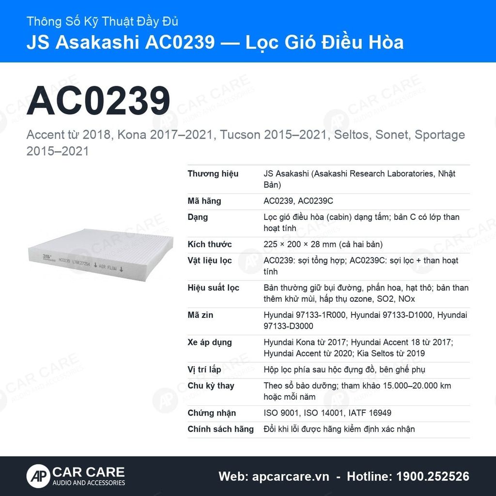 Lọc Gió Điều Hòa Hyundai Accent 2018+, Kona, Seltos JS Asakashi AC0239
