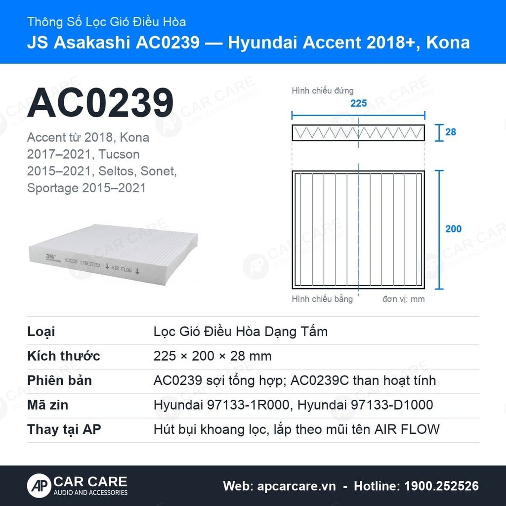 Lọc Gió Điều Hòa Hyundai Accent 2018+, Kona, Seltos JS Asakashi AC0239