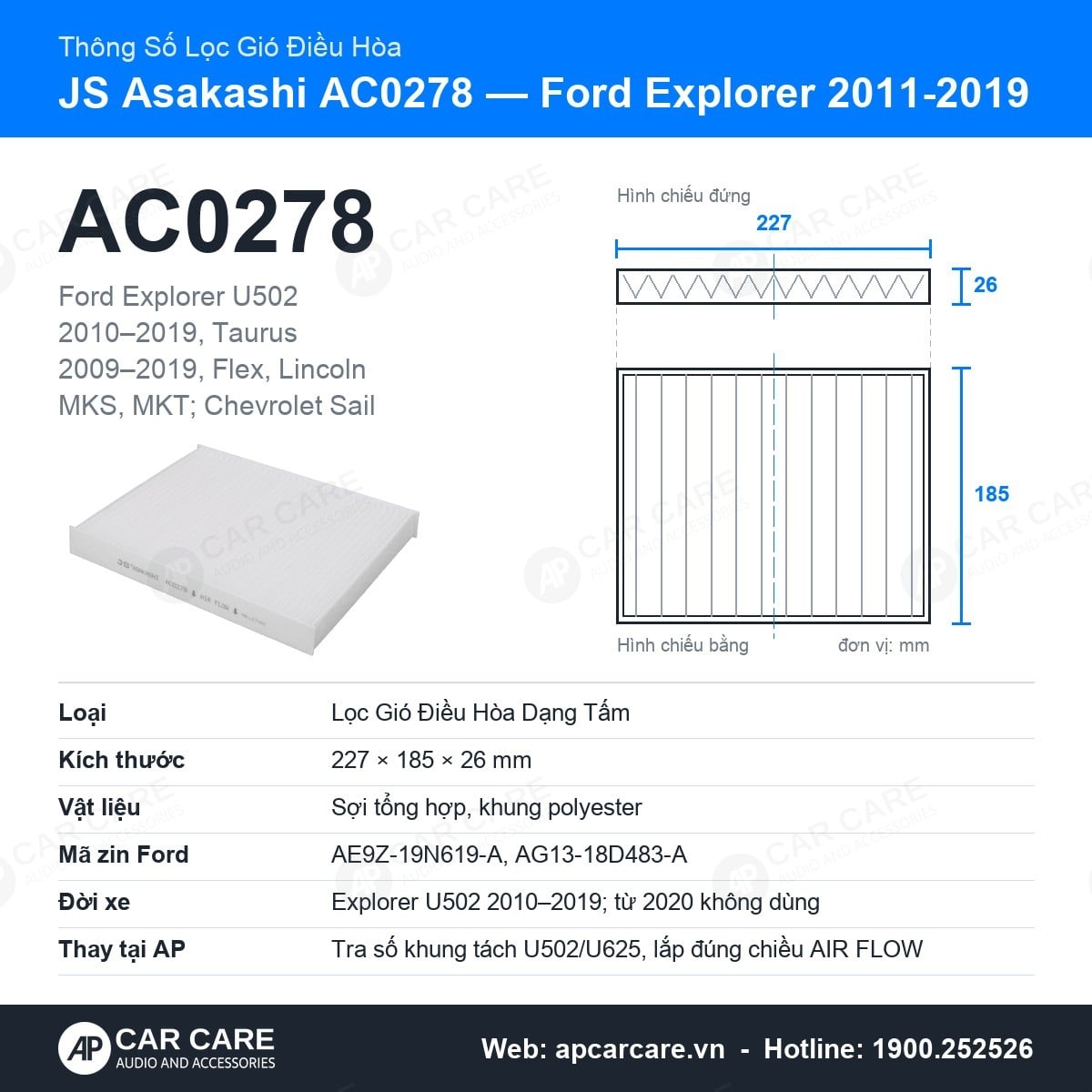 Lọc Gió Điều Hòa Ford Explorer 2011-2019 JS Asakashi AC0278